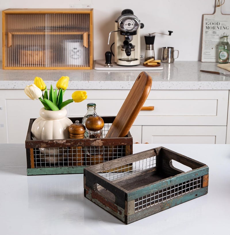 TIMRIS Set of 2 Rustic Wooden Countertop Baskets, Farmhouse Distressed Nesting Boxes, Small Decorative Wooden Storage Crates, Reclaimed Wood Organizer Baskets with Wire Mesh (Random) - Image 2
